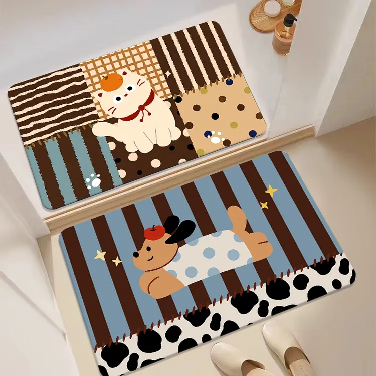 （两条装）猫狗卡通浴室地垫硅藻泥吸水速干卫生间厕所门口防滑地毯