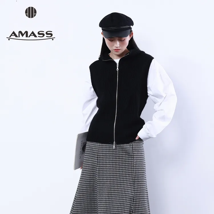 阿玛施/AMASS 秋季新款休闲减龄连帽针织背心羊毛叠穿马甲5499273