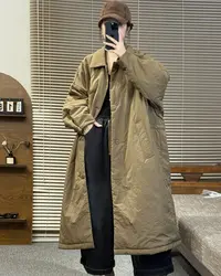 芊米鑫~2025秋冬长款过膝收腰系带宽松韩版休闲百搭显瘦棉服