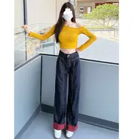 妮妮家66381秋季新款高腰显瘦翻边撞色阔腿直筒牛仔裤
