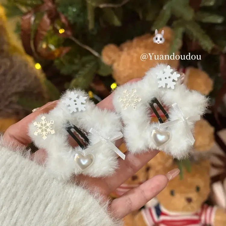 冬日氛围感纯白雪花五角星星毛绒绒BB夹可爱甜美侧边边夹一字夹女