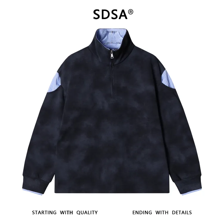 SDSA男士秋冬新款痞帅男装韩版条纹拼接扎染半拉链立领卫衣百搭