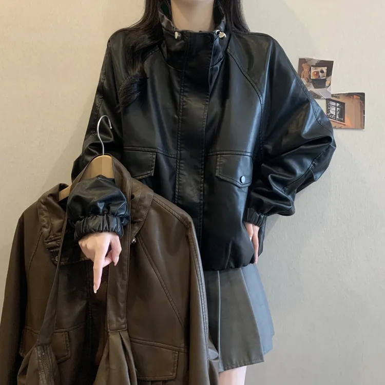 2025 早秋新款皮衣女短款宽松立领机车服时尚百搭PU皮夹克外套