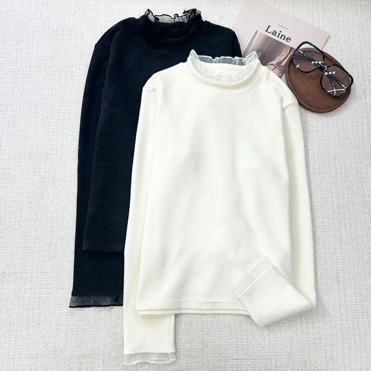 【叶子服饰】冬季新款木耳纱边圆领蕾丝T恤打底衫25291