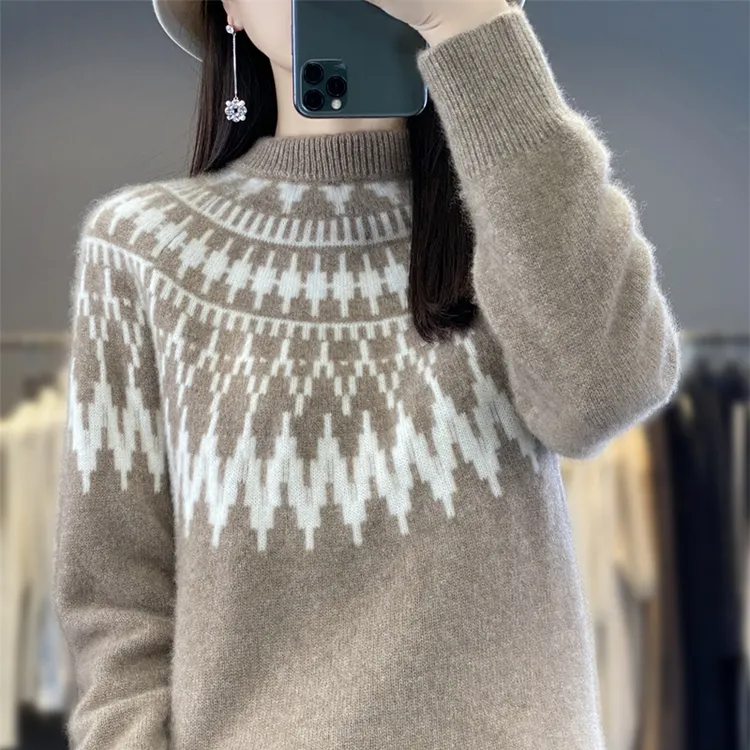 哥弟阿玛施正品秋冬新款女装半高领拼色复古女士毛衣宽松百搭洋气