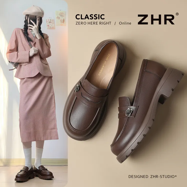 ZHR复古乐福鞋女秋季新款厚底山茶花单鞋软底百搭一脚蹬小皮鞋
