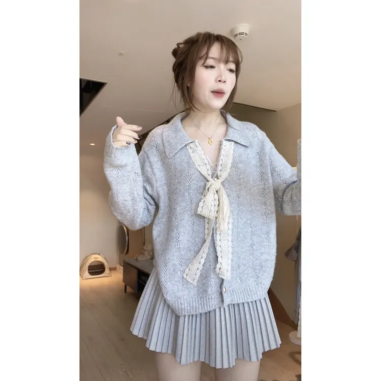 大码法式蕾丝蝴蝶结翻领蓝色毛衣女秋冬慵懒风高级感针织开衫外套