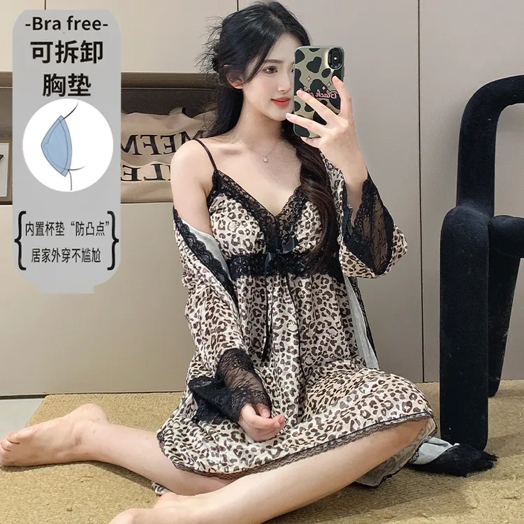 金丝绒豹纹睡裙女士秋冬季加厚轻奢高级性感带胸垫睡衣春秋款睡袍