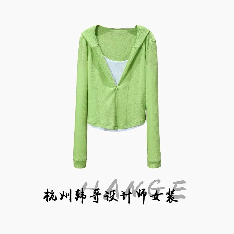 【韩哥女装】2025欧版新品浅草绿拼接连帽长袖高弹打底上衣8161-A4