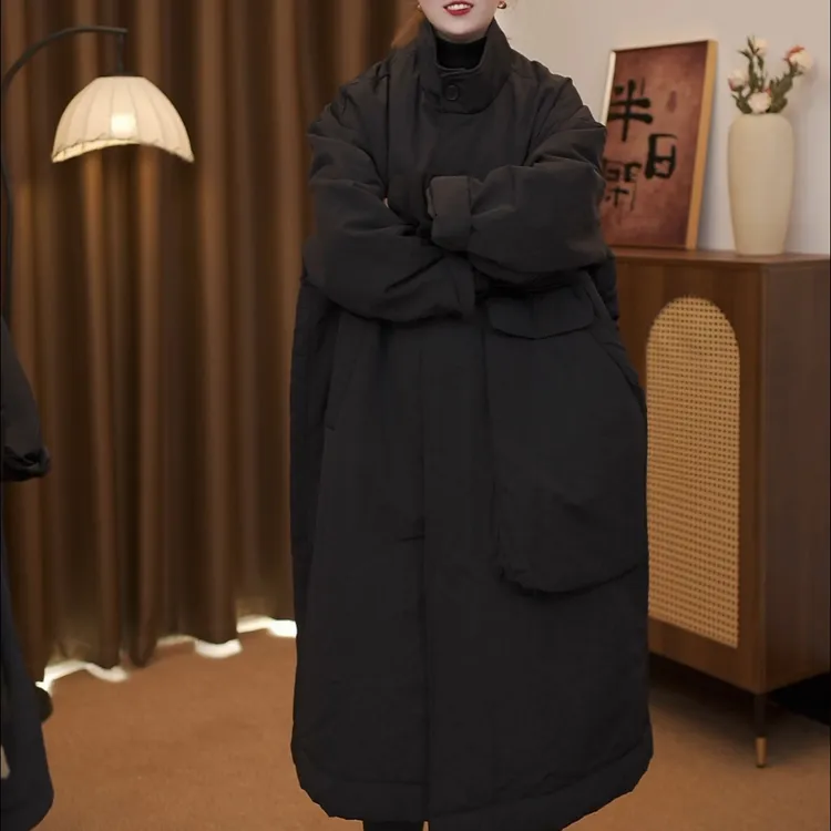 冬季新款长款单边大口袋宽松加厚休闲百搭棉服外套5590