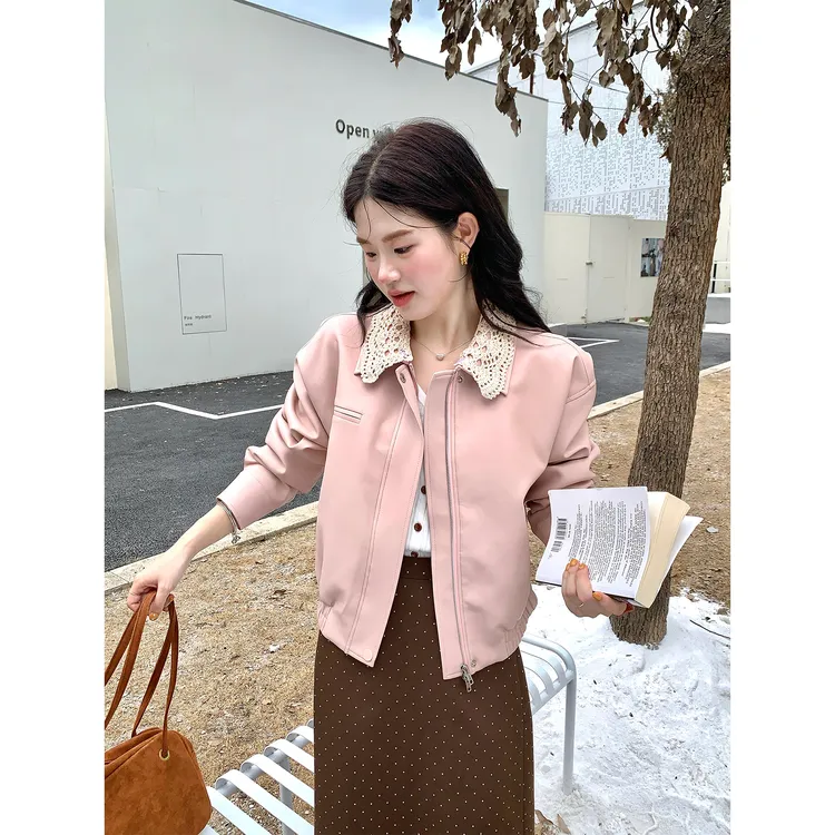火火火【桃雾心笺】韩版粉色气质领口拼接皮衣外套P37802HH53