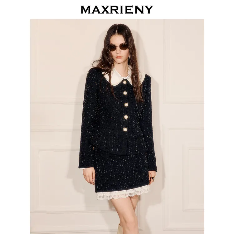 【商场同款】MAXRIENY羊毛花纱大衣撞色领小香风粗花呢收腰外套女