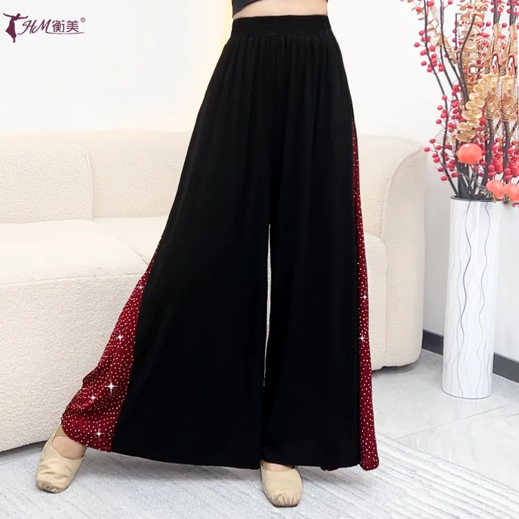 中国古典舞练功服飘逸贴钻宽松阔腿裤女现代舞练功服形体阔腿舞裤