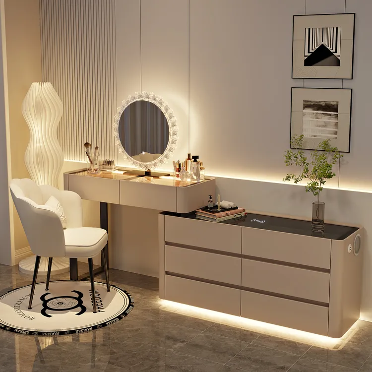 新款实木智能梳妆台现代简约奶油风转角化妆桌斗柜一体2025新款桌