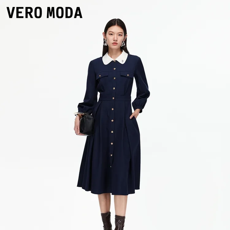 Vero Moda连衣裙2025秋季新款撞色翻领高腰线收褶中长裙3254SZ001