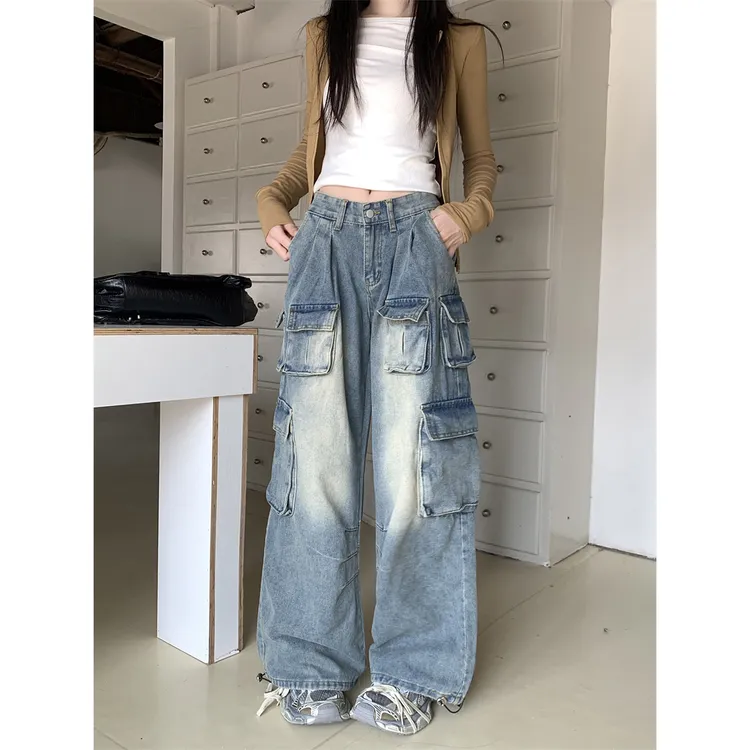 欧美y2k辣妹阔腿女设计感多口袋宽松坠感拖地