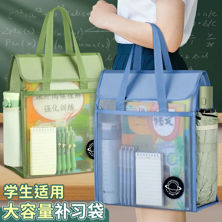 考试用双层网纱袋透明大容量手提拎书袋学生文件收纳袋补课包加厚