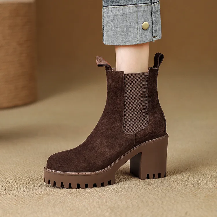 8CM高跟靴女英伦风时尚简约时装靴2025秋冬新款圆头粗跟百搭女靴
