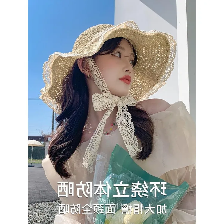 2025遮脸草帽女夏季度假海边沙滩太阳帽日系蕾丝边大帽檐防紫外线