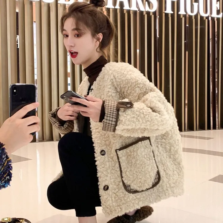 小香风外套女加绒加厚秋冬季小个子外穿百搭韩系摇粒绒羊羔毛棉服