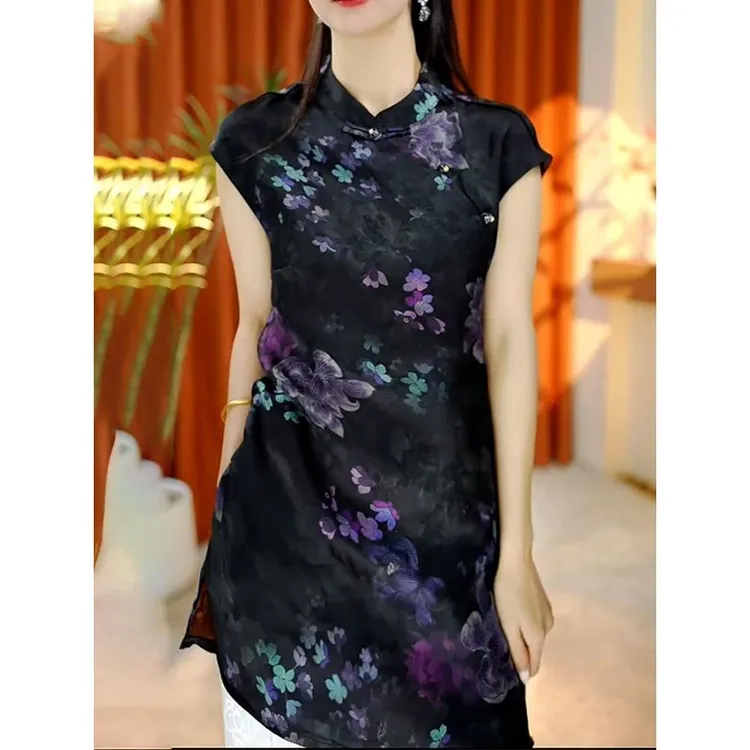 国风气质优雅端庄时尚立领印花衬衫2025夏季新款通勤显瘦短袖上衣