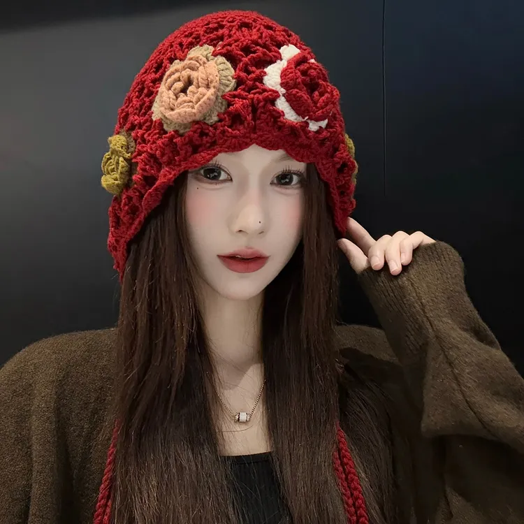 民族风立体花朵手工编织双层流苏针织帽子女秋冬季旅游保暖护耳帽