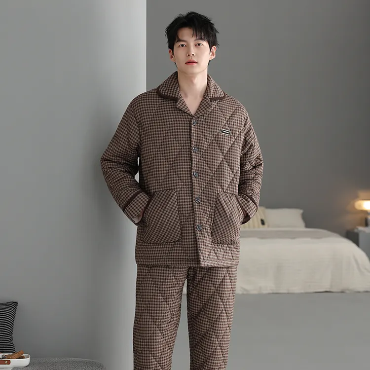 【抗静电】秋冬款三层夹棉袄男士睡衣厚款纯棉梭织格子可外穿家居服