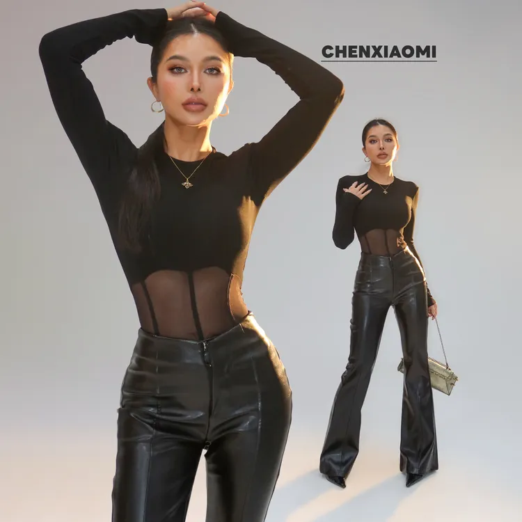 【蜜蜜家】港岛玫瑰 欧美辣妹修身圆领长袖拼接网纱连体衣 25/Z683