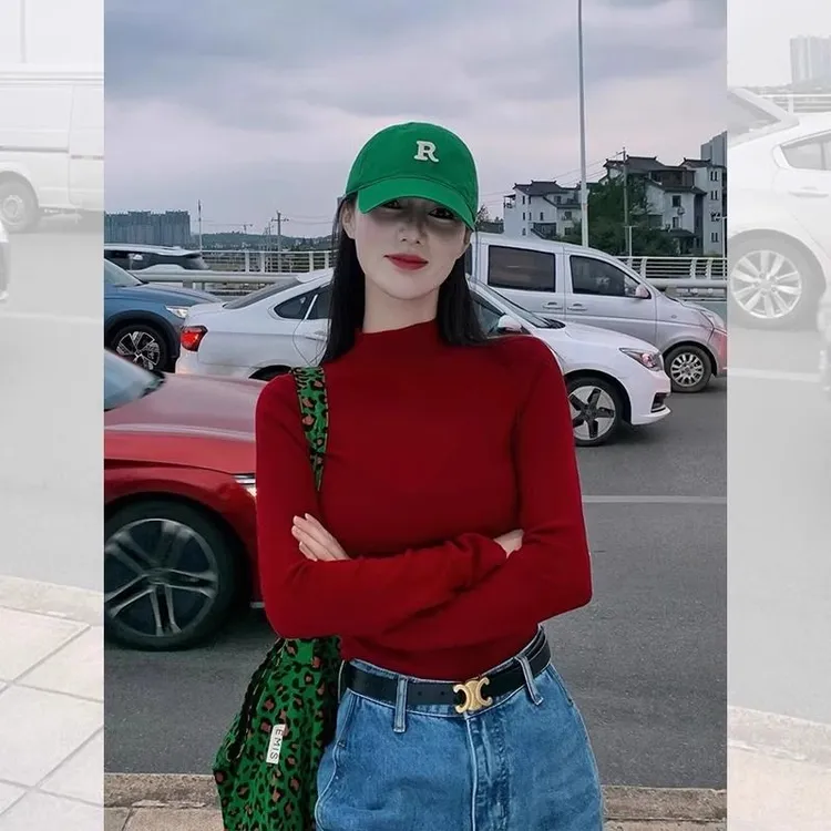 法式复古红色辣妹内搭毛衣打底衫长袖针织衫上衣女秋冬半高领显瘦