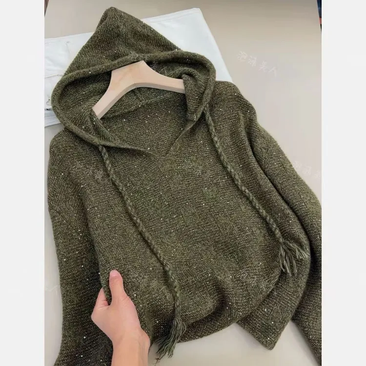 青咖色抽绳帽衫」慵懒复古！设计感花纱亮片百搭宽松连帽高级感毛衣
