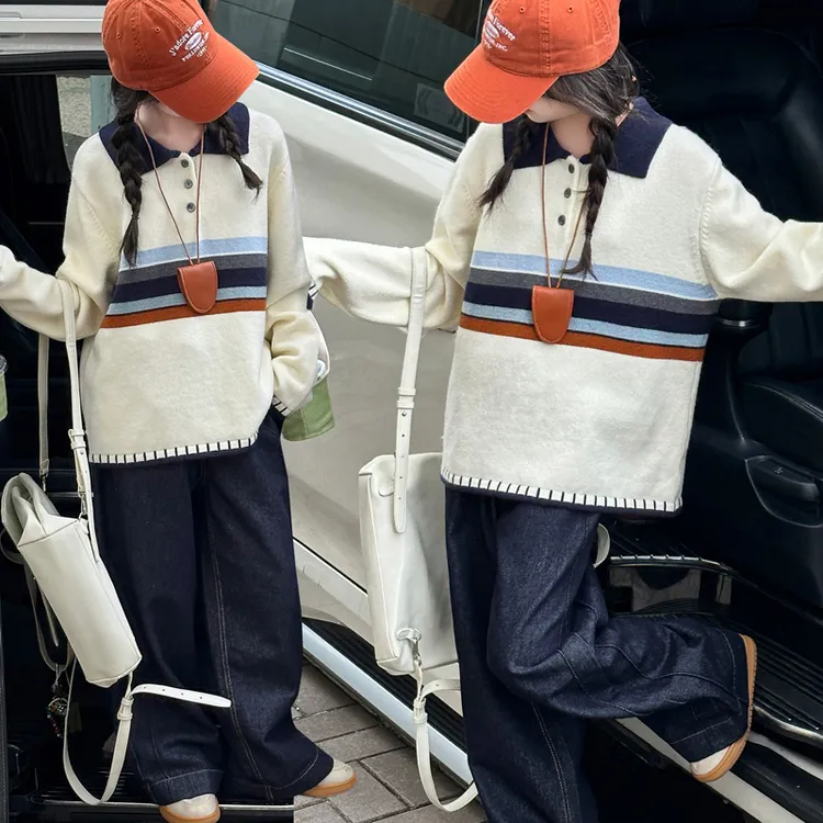 女童春秋新款韩版翻领彩条毛衣百搭净色牛仔阔腿裤套装2025中大童