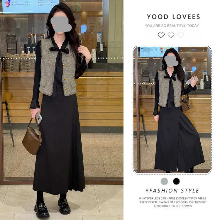 春秋新款时尚气质百搭马甲+蝴蝶结飘带上衣+高腰显瘦裙裤三件套女