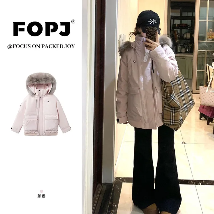 FOPJ冬季新款韩系粉色连帽派克服设计感加厚保暖慵懒风棉服外套女