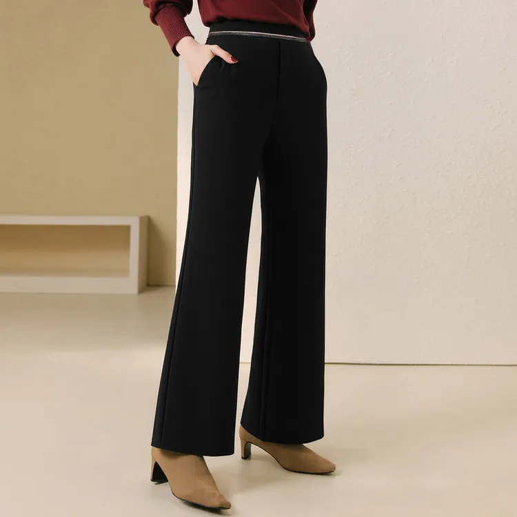 爱朴品牌大码女装冬季新款显瘦百搭高腰喇叭裤加厚裤子女23496