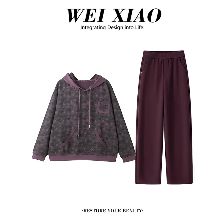 2026年春秋新款时尚套装女复古风洋气连帽印花长袖卫衣休闲哈伦裤