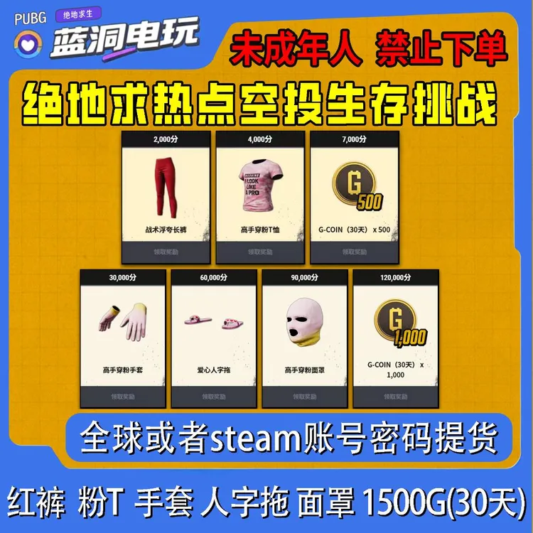 PUBG绝地求生热点空投生存挑战积分20000战术浮夸高手穿粉500G