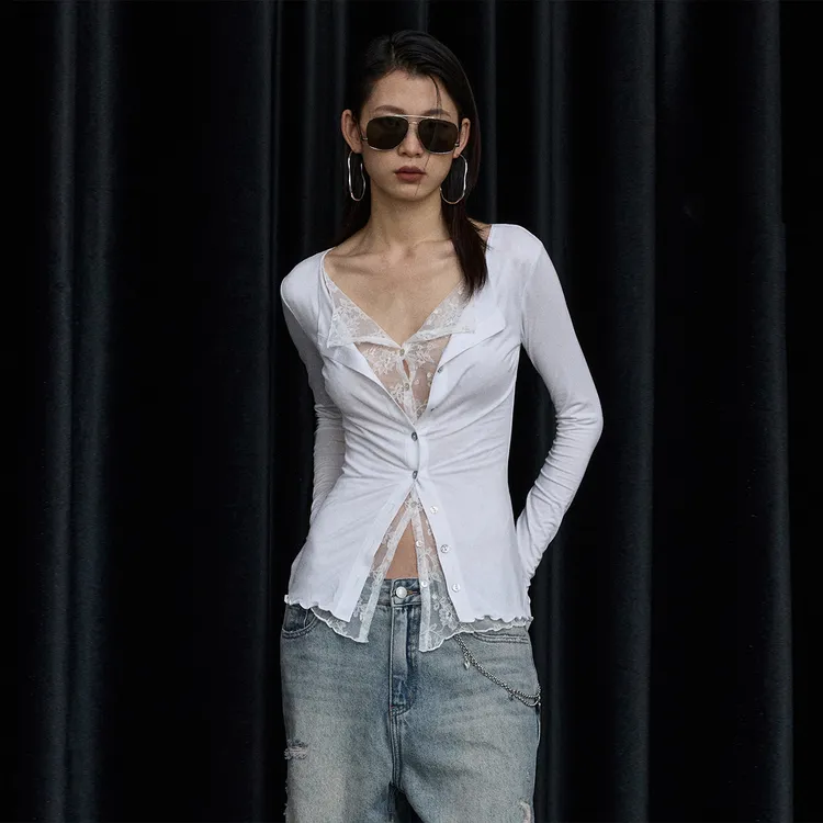 ourhour 蕾丝拼接 纯色假两件木耳边修身长袖开衫 女秋设计感上衣