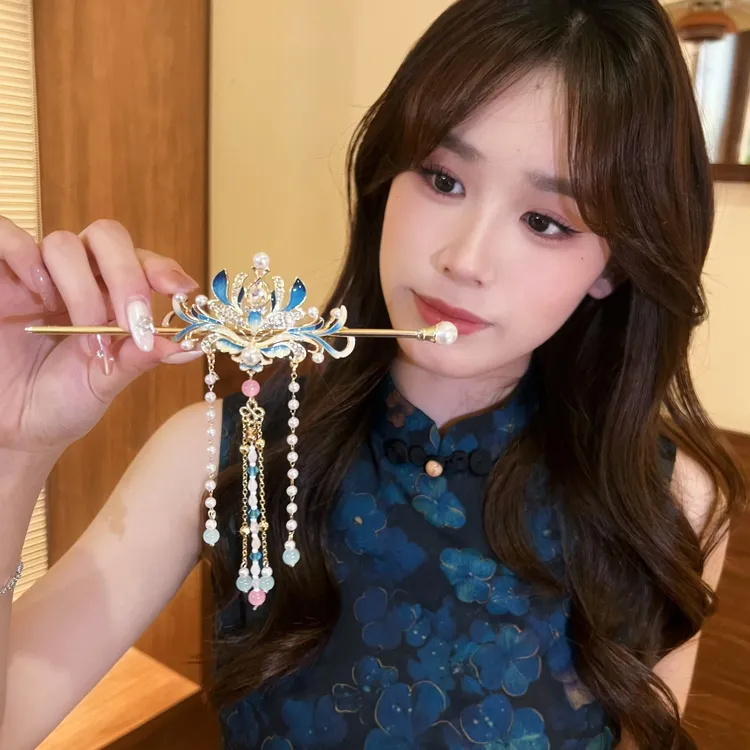 新中式莲花珠珠流苏盘头发组合国风发簪后压气质超仙洋气古风发饰