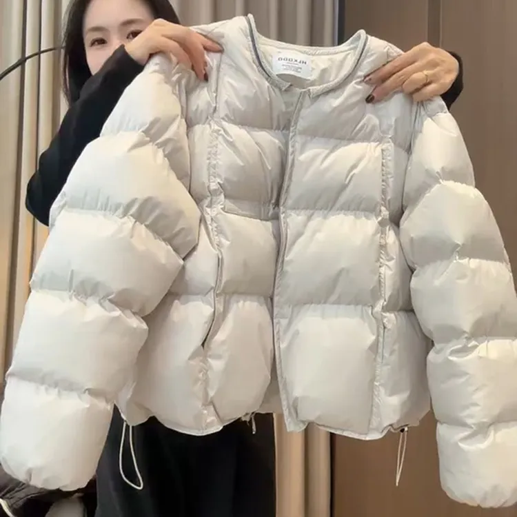 韩版简约圆领棉服女2025冬季新款宽松百搭休闲保暖小个子棉衣外套