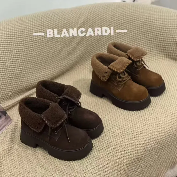 真皮厚底勃肯鞋加绒保暖雪地靴冬季休闲百搭女士棉鞋复古风短靴