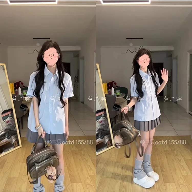 学院风减龄娃娃衫女夏超好看蓝色衬衫搭配百褶裙的上衣百褶裙套装
