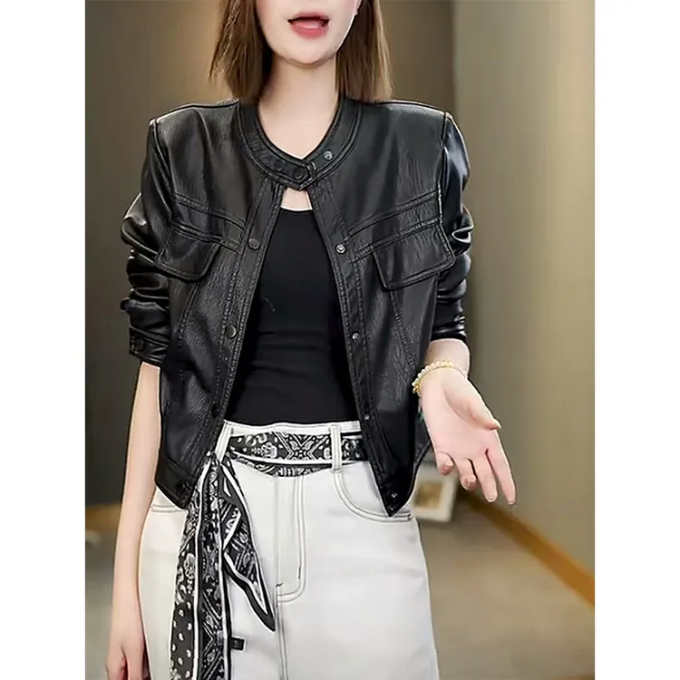 美式复古黑色短款皮衣外套女春秋季酷飒风小个子百搭机车服夹克潮