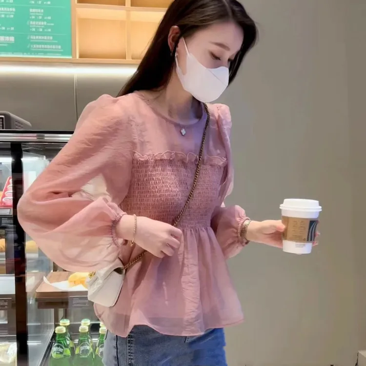 圆领泡泡袖雪纺衬衣女2025夏季新款荷叶边显瘦遮肚子百搭上衣潮