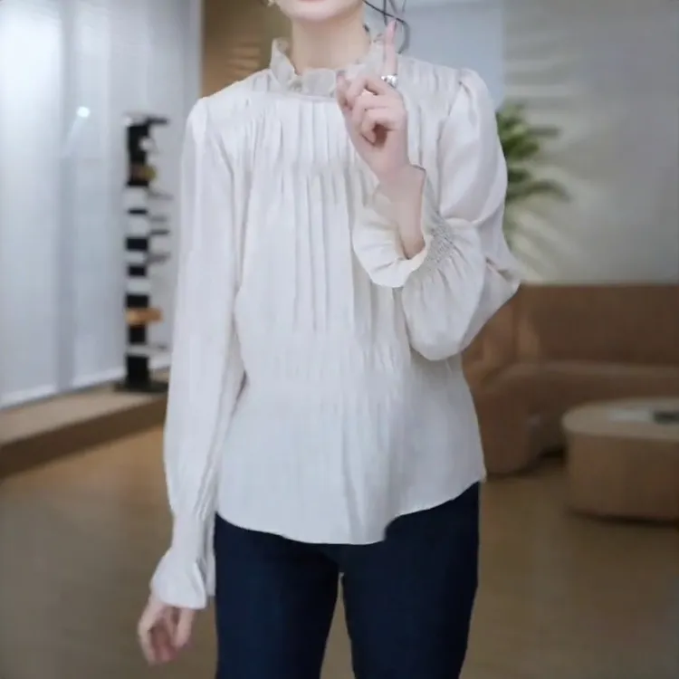 别致独特漂亮小衫女2025秋冬新款设计感褶皱拼接休闲显瘦长袖衬衫