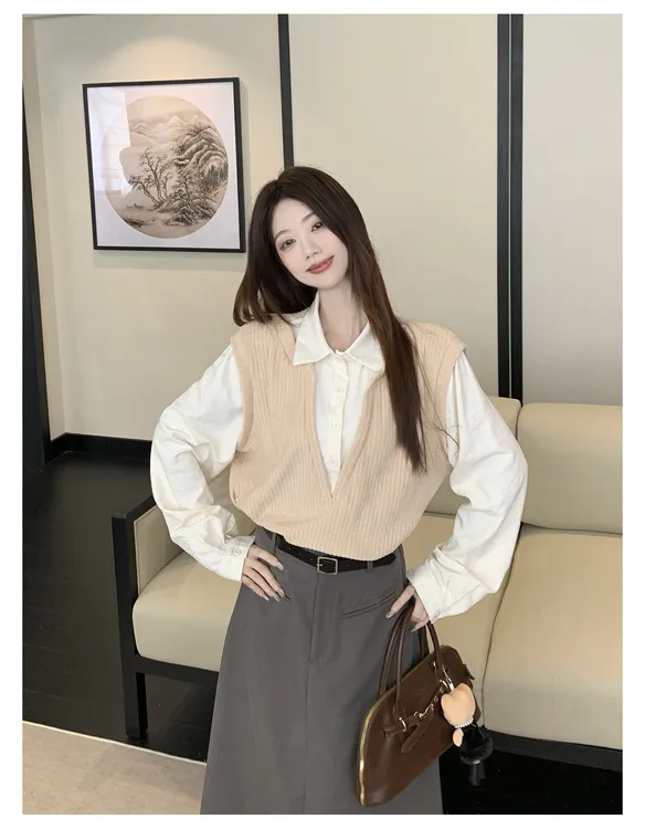 大码女装气质假两件上衣半身裙两件套2025秋新款女生韩系ins衣服