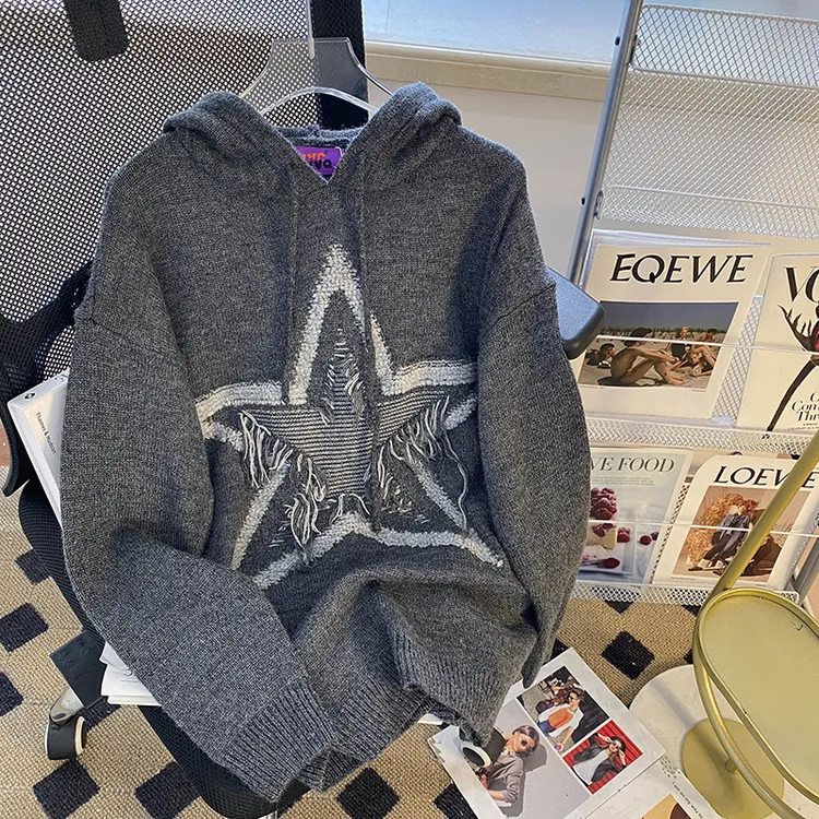 做旧五角星连帽灰色毛衣男女秋款冬oversize美式复古软糯慵懒上衣