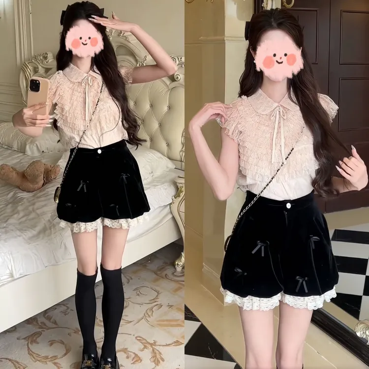 夏季粉色少女感小飞袖设计短袖2025新款小众蕾丝拼接短裤甜妹套装