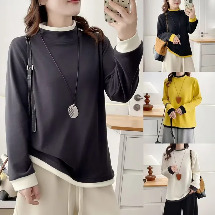 100-200斤大码女装秋冬百搭双面德绒撞色半高领加绒打底衫T恤L937