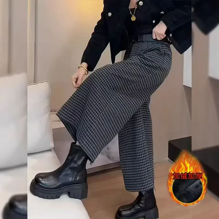 韩系百搭毛呢格子裤秋冬新款加绒高腰显瘦小个子阔腿裤九分奶奶裤