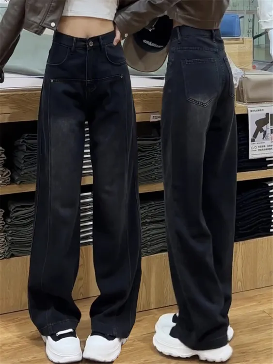 黑色阔腿牛仔裤女2025秋冬加绒胖mm梨形身材大码宽松显瘦直筒裤子